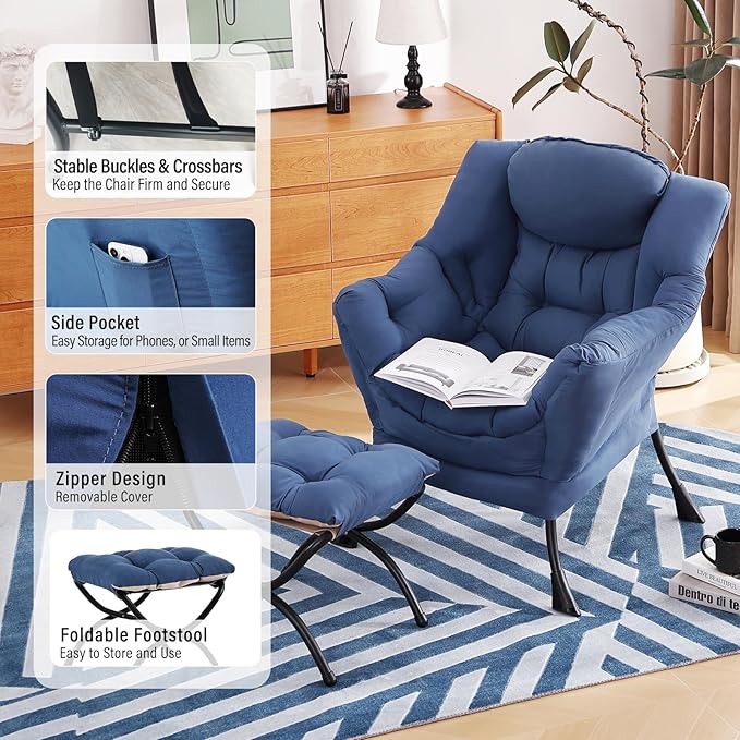 Lazy Chair with Ottoman Modern Accent Chairs with Folding Footrest Royal Blue Sofa Chair Set Comfortable Reading Chairs Oversized Armchairs for Bedroom Study Living Room Courtyard