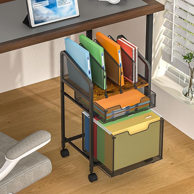 Rolling File Cabinet with Adjustable Dividers Mobile Filing Cabinet with 2 Storage Drawers on Lockable Wheels Hanging File Organizer Beside Under Desk for Office Home（Patent Pending）
