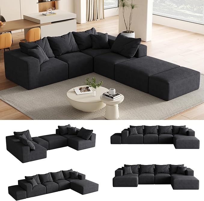 Modular Sectional Couches for Living Room Oversized L Shaped Sleeper Sofa Bed with Ottoman Chenille No Assembly Required (Minimalist Black)