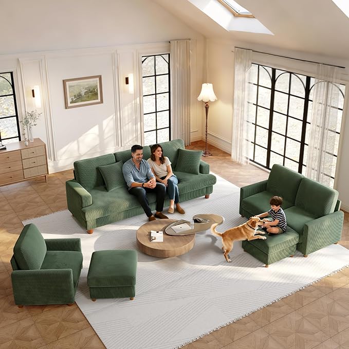 70.2 Couches for living room Comfy U Shaped Couch Green 7.1 Thicker Cushion Sofas for Living Room Tool-Free Setup Loveseat with Ottoman 7058lbs Support Corduroy Couch for Bedroom Office