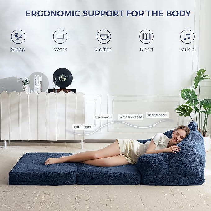 MAXYOYO Folding Sofa Bed 2 in 1 Convertible Sofa to Lounger Comfy Single Bean Bag Chair for Adults Floor Sleeper Couch with Handle Faux Fur Couch Bed for Living Room Bedroom Navy