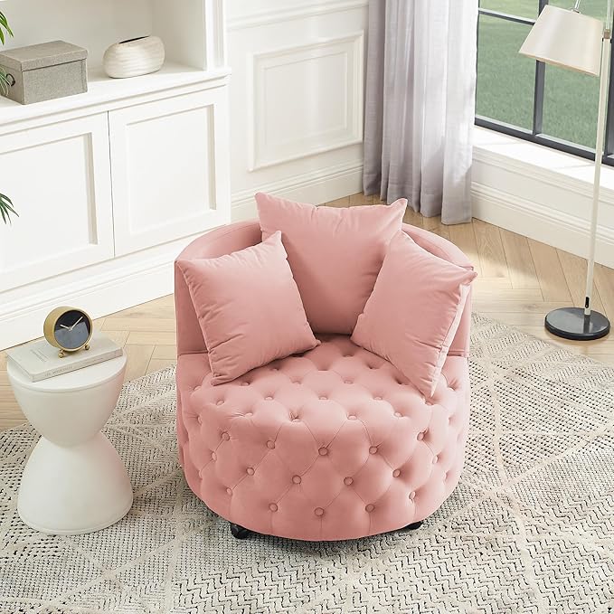 Velvet Swivel Barrel ChairModern Upholstered Accent Chair with WheelsLarge Single Sofa Chair for Living Room Club Bedroom Home Office (Pink+Velvet)