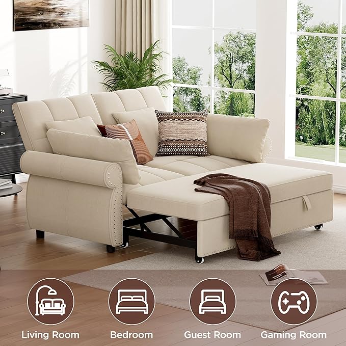 3 in 1 Sofa Bed 61 Inch Convertible Pull out Couch with Four Pillows Loveseat Sleeper Sofa with Adjustable Backrest Sofa Couches for Living Room Bedroom Apartment Chenille Fabric Beige