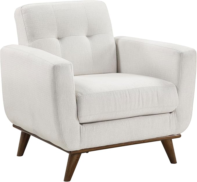 Lexicon Modern Accent Chair Textured Fabric Upholstered Armchair with Brown Wood Legs Track Arms Tufted Chair Back for Living Room/Office/Waiting Room Beige