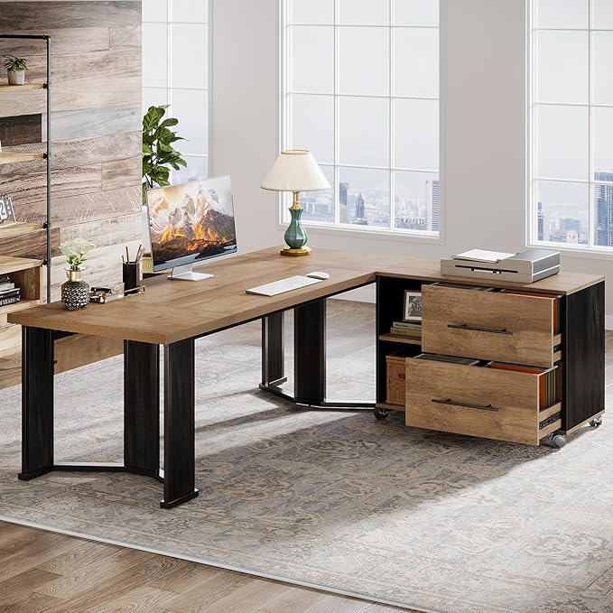 Tribesigns 70.86 Executive Desk with Mobile File Cabinet Large L Shaped Computer Office Desk with 2 Drawers and Storage Shelves Business Furniture Desk Workstation for Home Office (Light Brown)