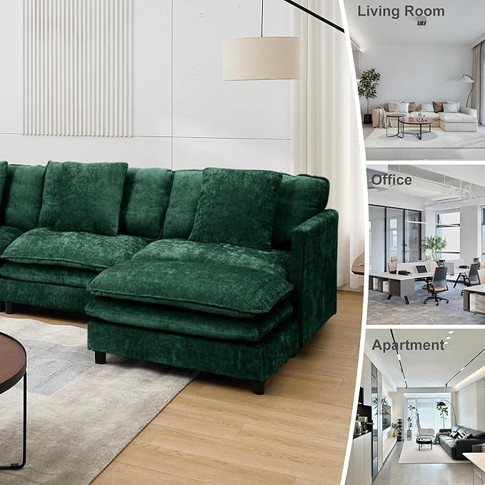108’’ Modular Sectional Sofa with Sleeper Comfy Cloud Couch L Shaped Chenille Couch with Thick Cushions &amp Movable Ottoman for Living Room Bedroom (Green 143.31- U Shape Sofa)