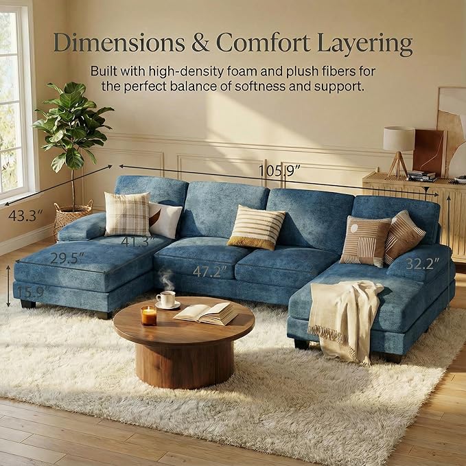 Homall Modular Sectional U Shaped Sofa Couches for Living Room Comfy Chenille 4 Seat Sofa Set with Removable Pillows Lounge Chaise Upholstered Couch for Apartment (Chenille Light Blue)
