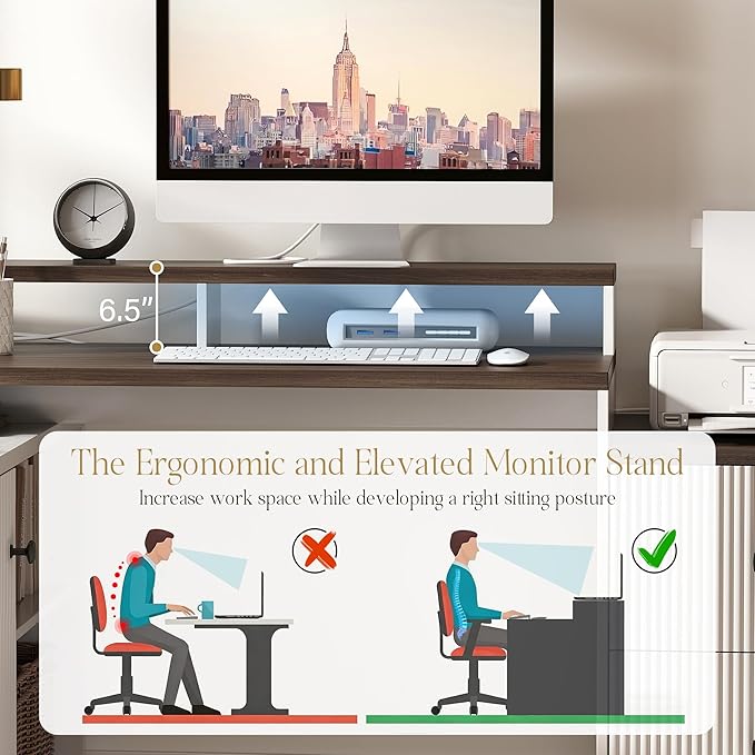 67 L Shaped Executive Desk with Drawers &amp Storage Shelf Corner Computer Desk with Power Outlets Home Office Desk with Monitor Stand Printer Shelf Computer Writing Desk for Work Antique White