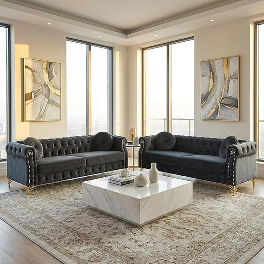 2 Pieces Black Velvet Chesterfield 82 3-Seater Sofa Sets with Two Pillows Featuring Copper Stud Detailing with Metal Legs Loop Design Allows for Hanging Cartoon Ornaments.