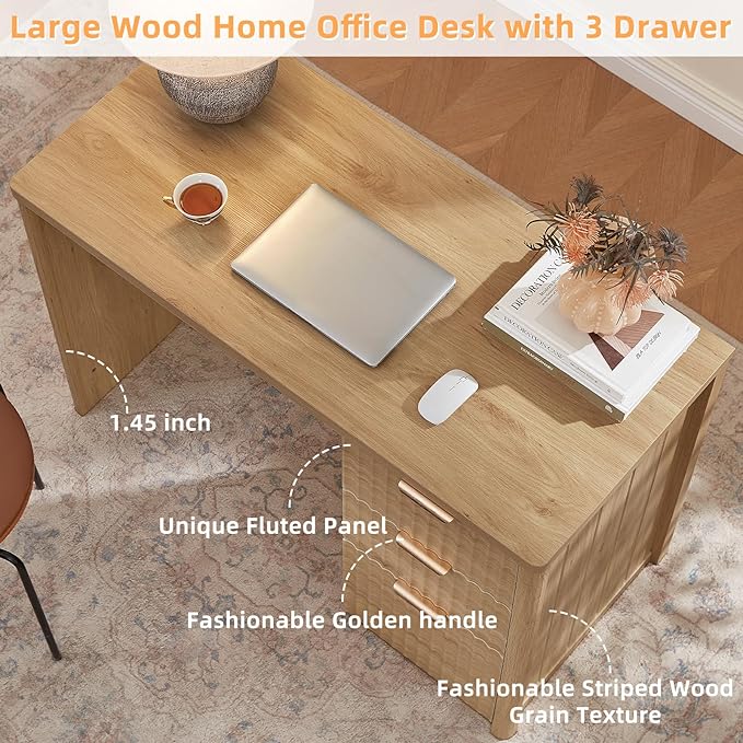 LEYAOYAO Office Desk 48 with 3 Drawers Storage File Cabinet Wood Fluted Desk for Computer Office Bedroom Home Furniture Natural
