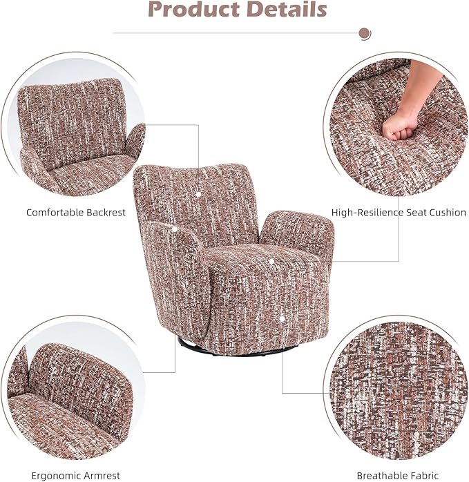 CANMOV 360° Swivel Accent Chair Modern Accent Armchair with Padded Armrest Nursery Chair for Living Room Bedroom Brown