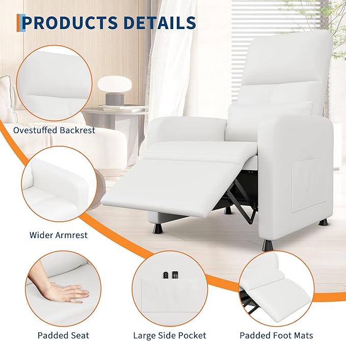 GarveeHome Power Recliner Chair with Massage and Heat Adjustable Electric Recliner Ergonomic Overstuffed PU Leather Single Sofa 2 Side Pockets and USB Port Home Theater Seating for Living Room