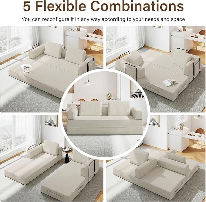 78'' Sleeper Couch Bed for Living Room Convertible Modular Sofa with Fixed Frame &amp Side Pocket Corduroy Futon Boneless Couches in a Box No Assembly Beige