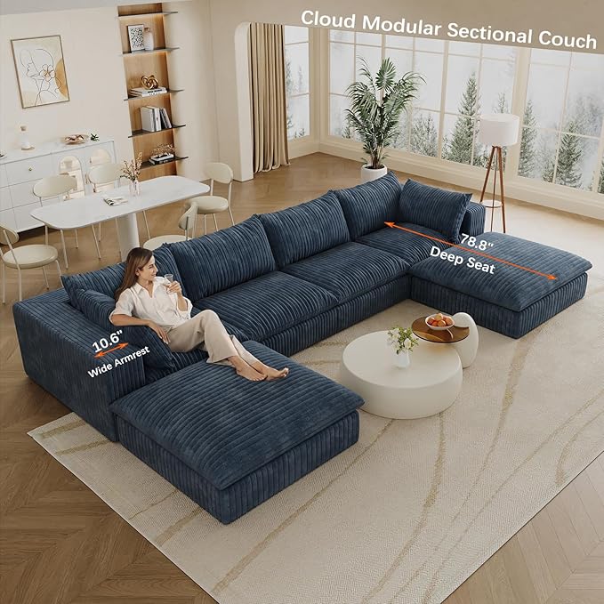 78.7 L Shaped Modular Sectional Sofa Cloud Couch with OttomanPlush Corduroy Couches for ApartmentNo Assembly RequiredBlue
