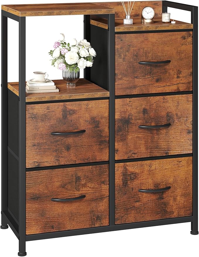 DUMOS 5-Drawer Chest of Drawers with Raised Shelf Storage Tower with Fabric Bins for Closet Organization Hallway Storage Brown