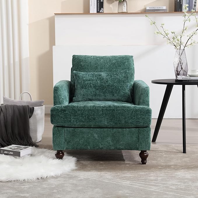Mid Century Modern Linen Fabric Accent Chair for Living Room Bedroom Guest Room Office Apartment Waiting Room Furniture Upholstered Armchair Reading Accent Chairs (Emerald)