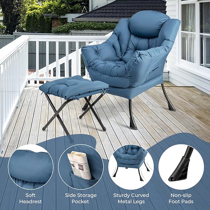 KOMFOTT Lazy Chair with Ottoman Set of 2 Leisure Upholstered Reading Sofa Chair with Armrests &amp Side Pocket Modern Lounge Accent Chair with Folding Footrest for Living Room Bedroom Balcony Bl
