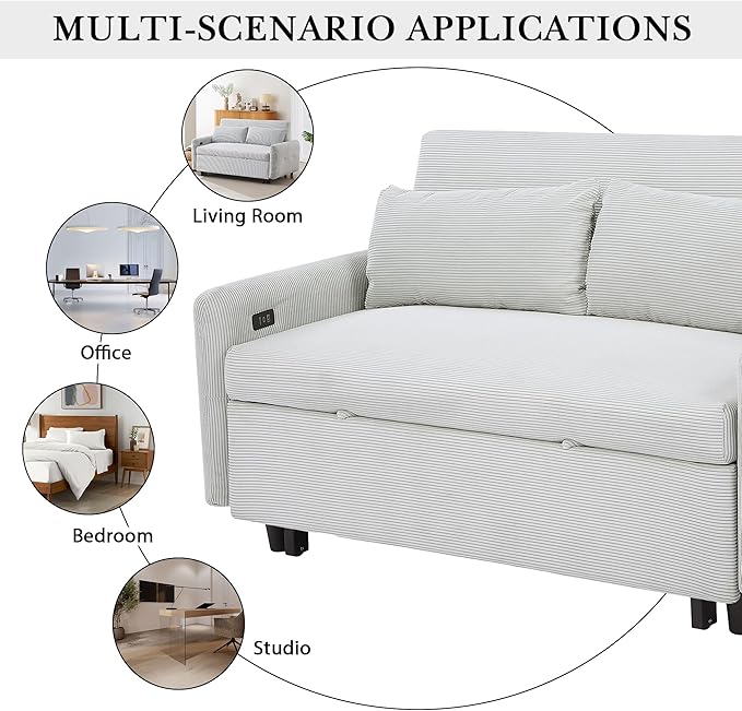 P PURLOVE Upholstered Modern Sofa Bed with Armrest Convertible Sofa Couch with Adjustable Backrest Corduroy Sleeper Bed with 2 Pillows and USB Port Pull Out Sofa Bed for Living Room (Light Blue)
