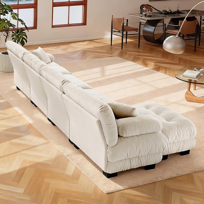 Chenille Sectional Couch-173.3 Inch Oversized 4-Seater Cloud Sofa with Ottoman and Pillow High-Density Sponge Filling Lounge Couches for Living RoomApartment(Light Coffee)