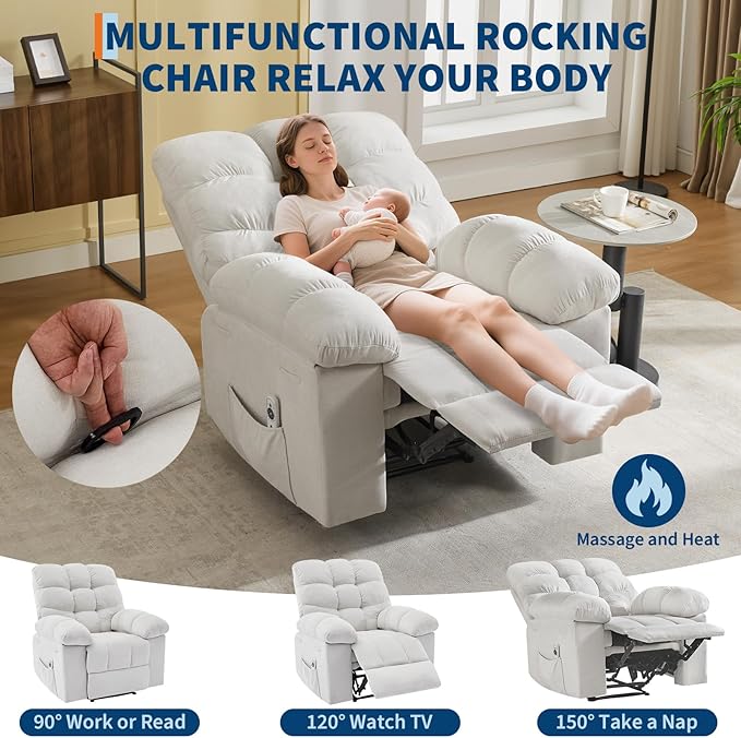 Massage &amp Heating Recliner Chair for Adults 150° Manual Oversized Recliner with Extra Wide Plush Seat Overstuffed Comfortable Single Sofa for Living Room Bedroom Home Theater Beige