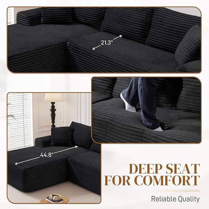 95 Boneless Cloud Sectional Couches for Living Room Comfy Fluffy L Shaped Memory Foam Deep Seat Boneless Couch Modular Sectional Sofa with Left Facing Chaise Black
