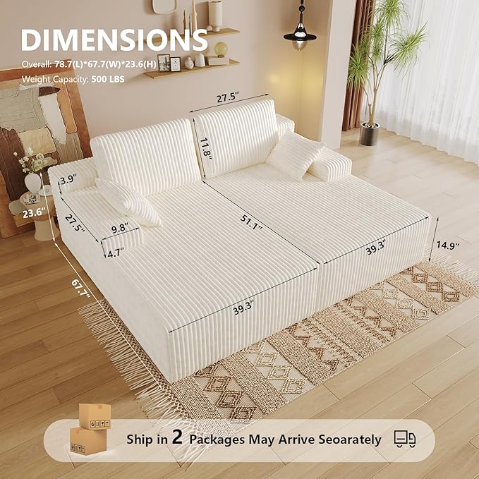 Oversized 80 Double Chaise Lounge Chair Futon Sofa Bed Boneless Cloud Couch Sleeper Sofa Flannel Upholstered Floor Sofa Modular Sectional Loveseat with 2 Throw Pillow &amp Backrest Pillow White