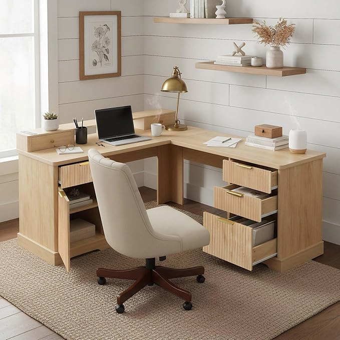 59'' Farmhouse Desk with 5 Drawers &amp Charging Station Wood Executive Desk with Storage Cabinet &amp Keyboard Tray White Computer Desks with Monitor Stand for Home Office (Natural 59 × 30 L Sha