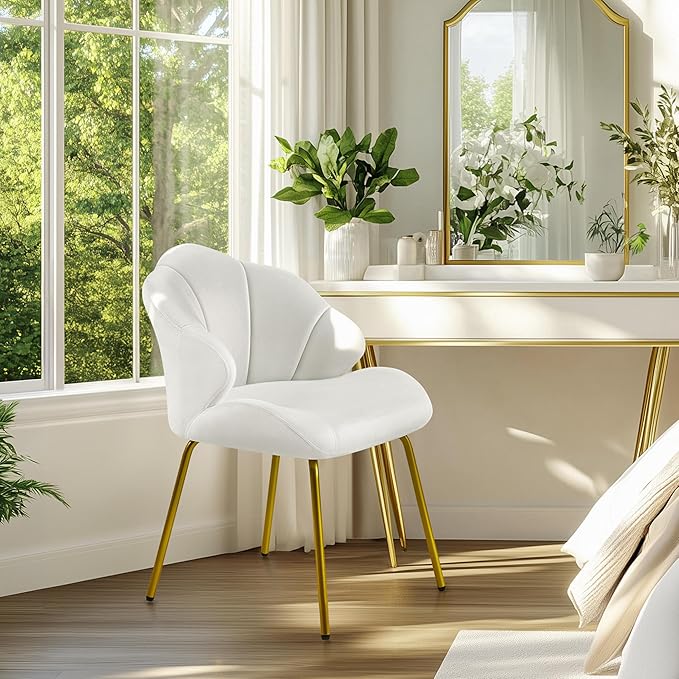 Yaheetech Vanity Chair Velvet Accent Chair with Shell-Shaped Backrest Modern Armchair with Gold Metal Legs for Dressing Room/Bedroom/Living Room White