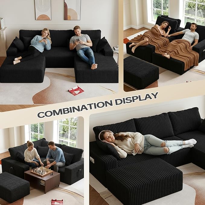 108 U Shaped Sectional Couch with Ottoman Corduroy Modular Sectional Sofa with Deep Seat Modern Modular L-Shape Sofa Couch with ChaiseUpholstered Boneless Couches for Living Room Bedroom