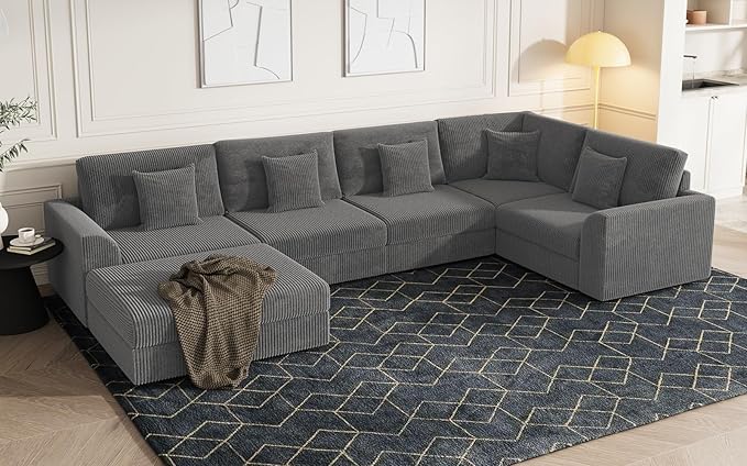 Oversized Modular Sectional Sofa with Storage Modern Sleeper Sofa Extra Deep Seat Comfy Corduroy Cloud Couch with Ottoman and 5 Pillows for Living Room (U Shape Sectional with Storage Grey)