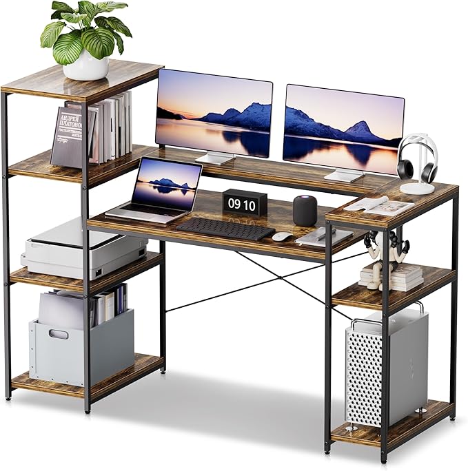 63-Inch Office Desk with Storage Shelves Computer Desk Home Desk with Monitor Stand for Study Writing PC Work Gaming Rustic Brown