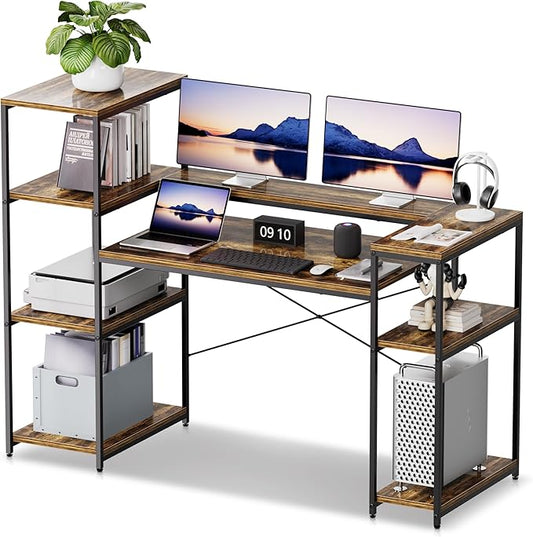 63-Inch Office Desk with Storage Shelves Computer Desk Home Desk with Monitor Stand for Study Writing PC Work Gaming Rustic Brown