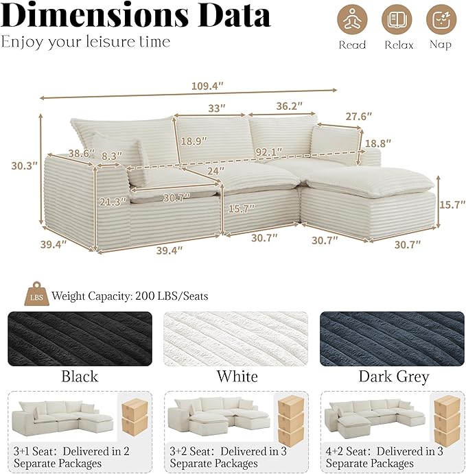 Modern L Shape Boneless Couch 109.4 Modular Sectional Sofa with Ottoman Comfy Corduroy Cloud Sofa with Deep Seat &amp Double-Layer Cushion Convertible 4 Seater Sleeper Couches for Living Room Wh