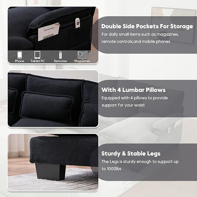 U Shape Sectional Sofa Cloud Couch Modern Chenille Comfy Modular Sofa 4 Seat Upholstery Sleeper Sofa with Double Chaise for Living Room Bedroom Black