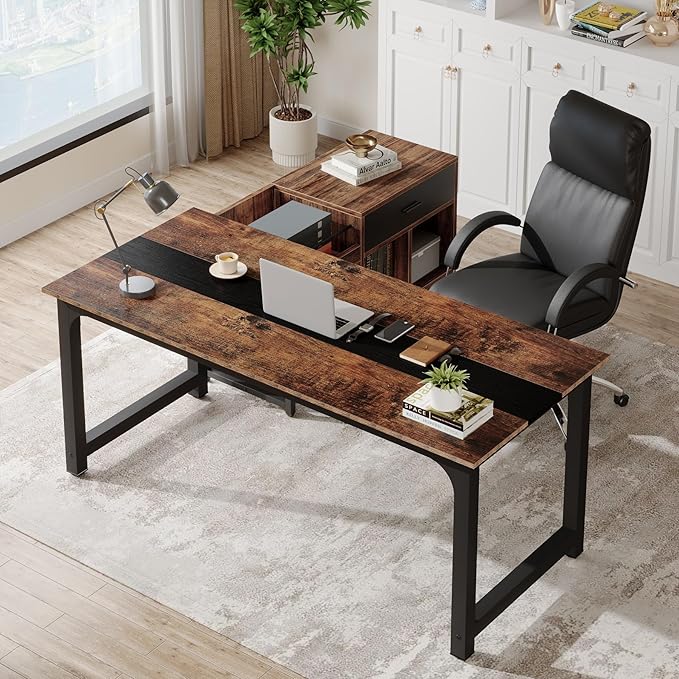 Tribesigns Office Desk with File Cabinet 70.8 L-Shaped Executive Desk for Home Office Workstation Business Furniture Set Rustic Brown/Black