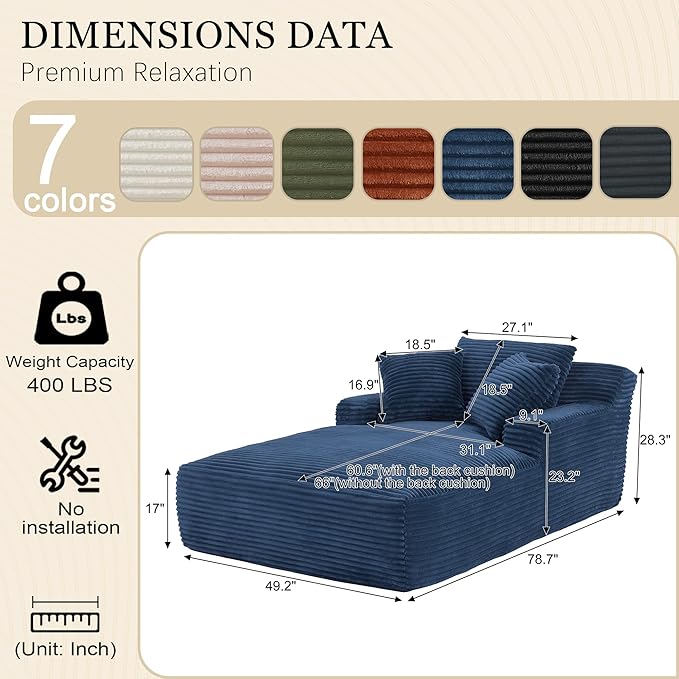 80 Inch Chaise Lounge Chair Indoor Oversized Corduroy Upholstered Boneless Sofa Bed Deep Seat Sleeper Couch Reading Chairs Cloud Sofas Couches for Living Room No Assembly Required (Blue)