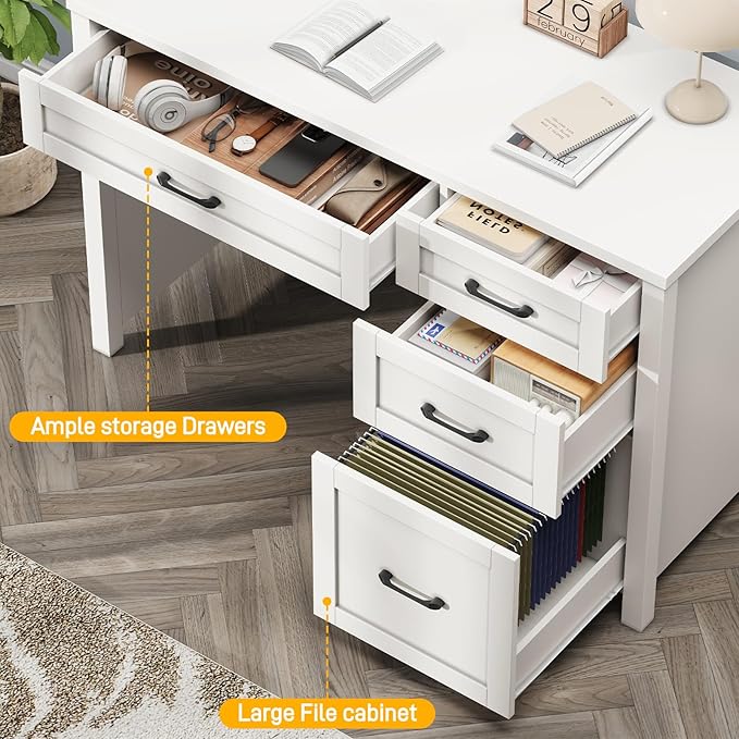 Vabches Farmhouse 47 Executive Desk Computer Desk with File Drawer and Charging Station Workstation for Home Office StudyCream White.