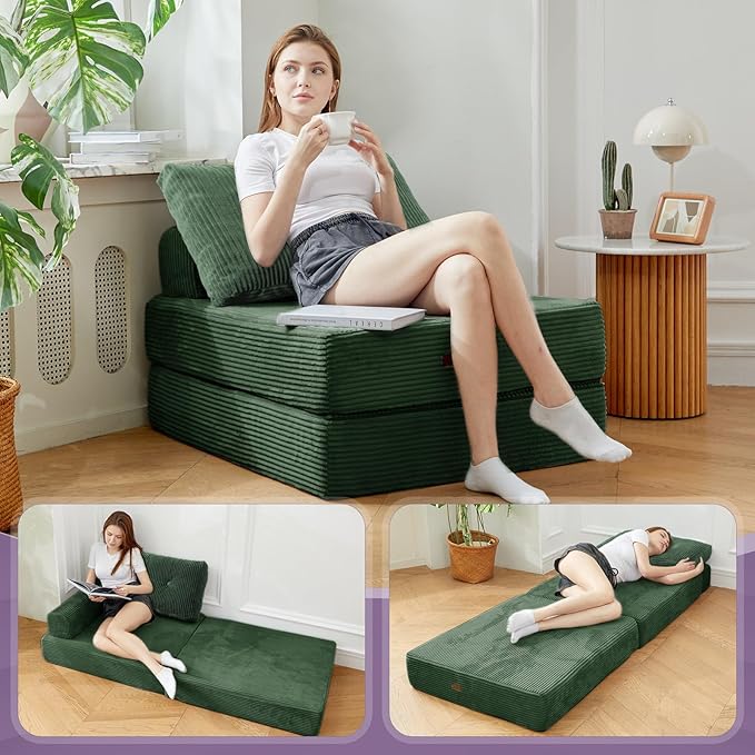 Folding Sofa Bed3-in-1 Convertible Sleeper Chair Corduroy High-Density Foam with PillowFold Out Chair BedFoldable Single Futon Chair for Living Room、HotelSingle Emerald Green
