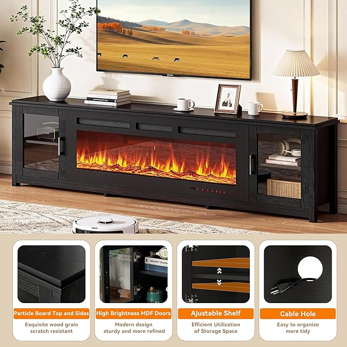 90 Fireplace TV Stand with WI-FI Enabled Modern 60 Smart Fireplace Entertainment Center Fire Place TV Console Adjustable 12-Color LED Lights for Living Room Black