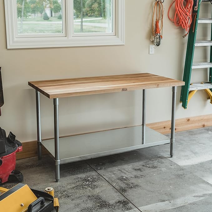 John Boos Maple Wood Top Work Table 48”x24”x36” – 1.5” Thick Tabletop 86-lb Kitchen Station with Wooden Edge-Grain Table &amp Steel Base &amp Adjustable Shelf