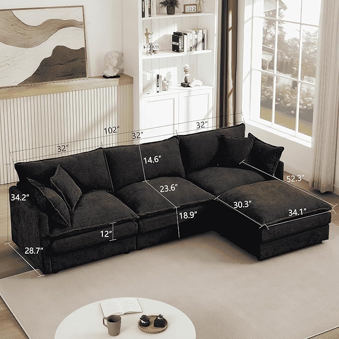 Homy Casa 102 Inch L Shaped Couch Set3-Seat Sectional Sofa with Chaise Comfortable Chenille Fabric Removable Cushions Ottoman DIY CombinationModern Design for Living/Family Room (Black)