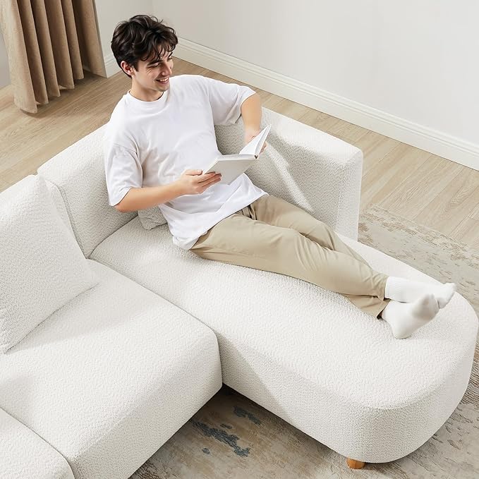 VANOMi 113 Sectional Sofa with 4 Pillows U-Shaped 4-Seater Comfy Boucle Cloud Couch Modern Double Chaises Lounge Sofas for Living Room Office Apartment (White-U)