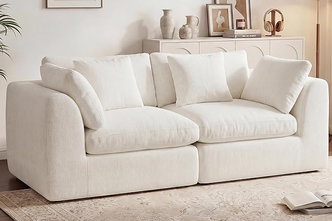 79'' Oversized Cloud Sectional Boneles Loveseat for Living Room Modern Big Compressed 2 Seater Couch with 2 Throw Pillows Comfy Chenille Deep Seat Memory Foam Spineless 2 Person Couch Beige | No As