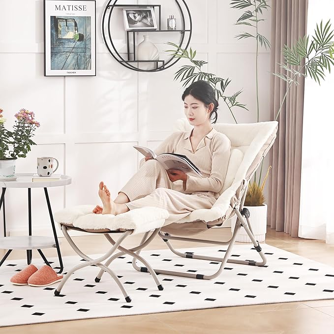 Saucer Chair with Ottoman Comfy Oversized Folding Chair Faux-Fur Reading Chair for Adults Foldable Accent Lazy Chair Metal Frame Chair for Living Room Bedroom Beige
