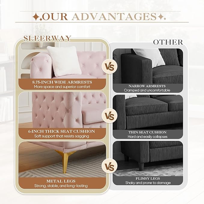 61.25 Velvet Chesterfield Sofa Mid-Century Modern Love Seat Button Tufted Couch with Curved Arms Gold Metal Legs Deep Seat Small Space Comfortable Living Room Bedroom Furniture (Pink 2 Seater)