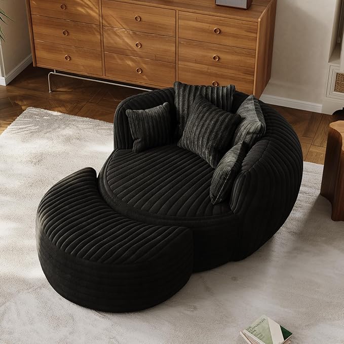 50 Oversized Chaise Lounge Indoor Round Reading Chair Lounge Chair with Ottoman Boneless Sofa Bed Large Fluffy Plush Corduroy Chaise Chair for Living Room Playroom Bedroom Black