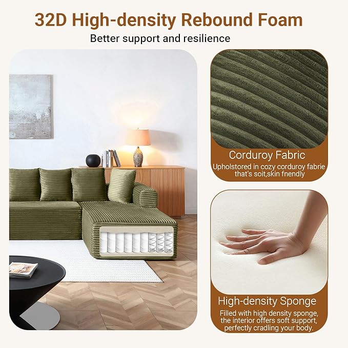 145 Modular Sectional Sofa Oversized U-Shaped Deep Seat Corduroy Cloud Couch with Fixed-Shape Frame Sleeper Sofa Couch Boneless Couches for Living Room No Assembly RequiredSofa in A BoxGreen