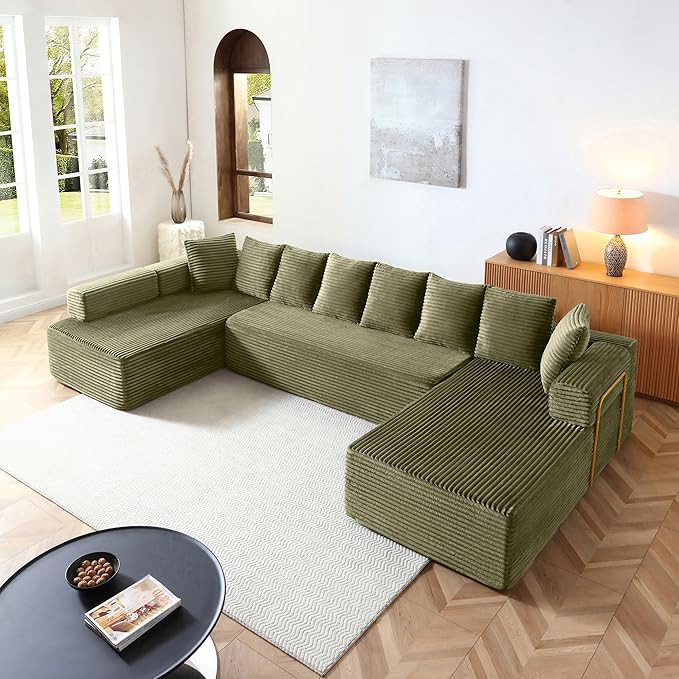145 inch Modern Sectional Couch for Living Room Oversized Cloud Boneless Couch with Freely Movable Armrest and Fixed-Shape Frame Green Modular Sofa U Shape Couches | No Assembly Required Free Combi
