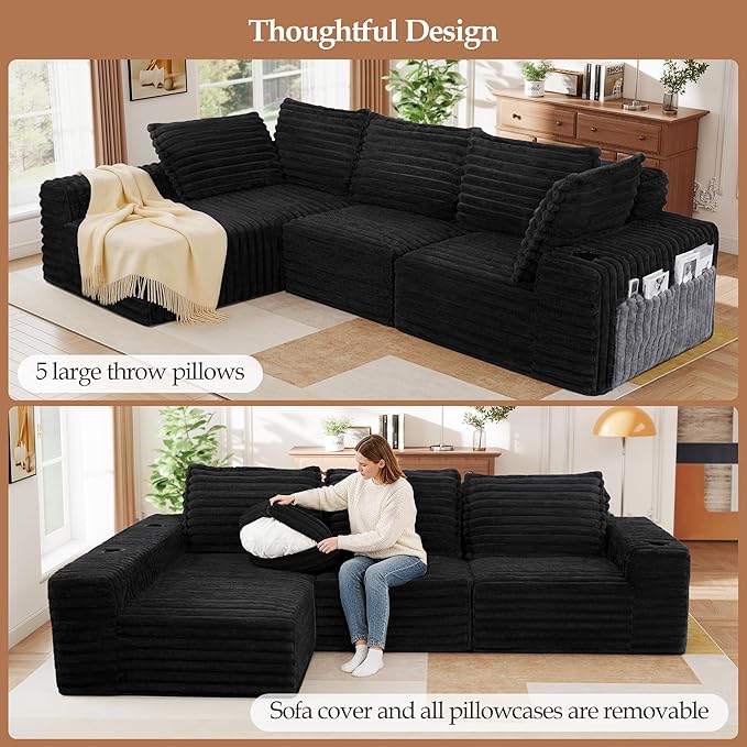 Cloud Boneless Sofa Oversized Modular Sectional L-Shape Sofa with Chaise High Backrest Corduroy Fabric Couch with USB Charging Ports Cup Holders &amp Pillows for Living Room (Black)