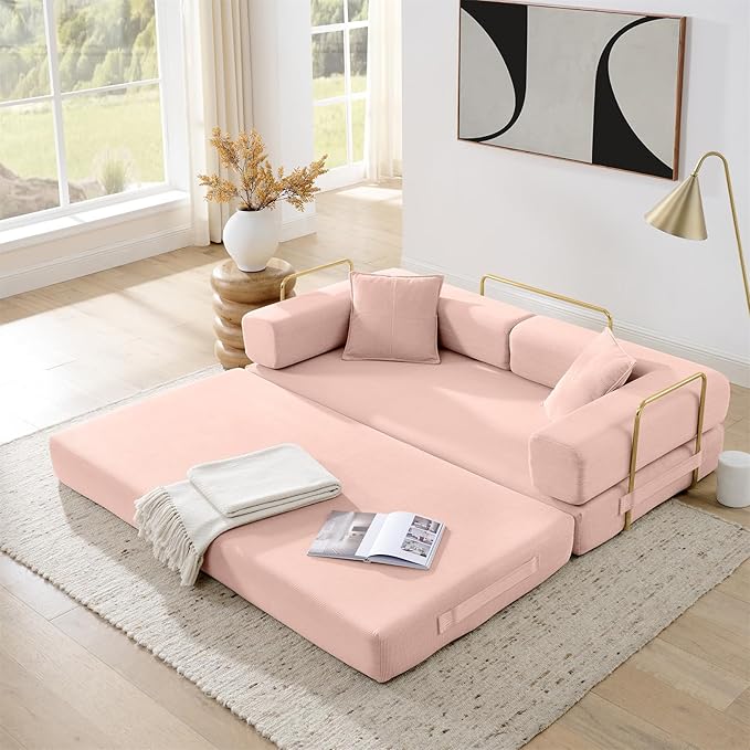 4-in-1 Folding Convertible Floor Sofa Bed 78 Oversized Compression Sofa No Assembly Required King Futon Lazy Couch Corduroy Loveseat Sleeper with Pull Out Bed Modular Futon Couch (Pink)